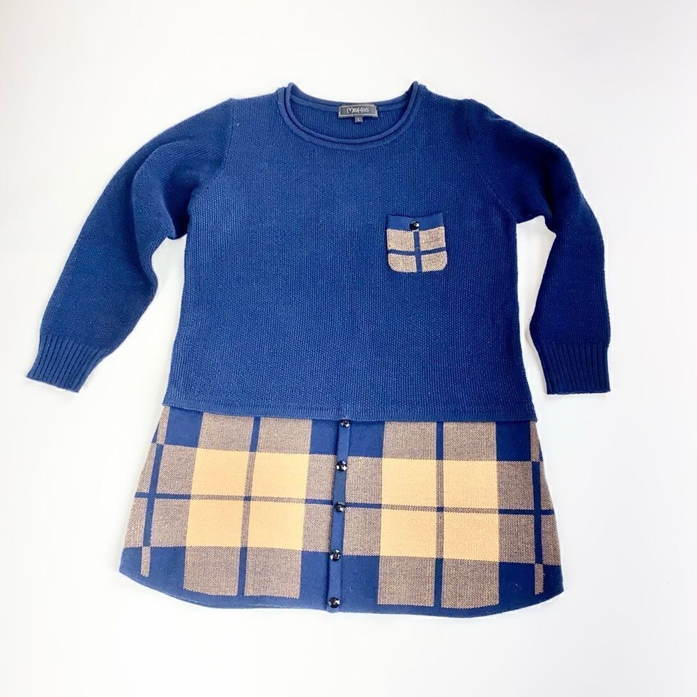 Minkas fall navy plaid long sleeve cashmere blend sweater L